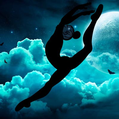 gymnast doing a leap in a leotard with a bent back leg