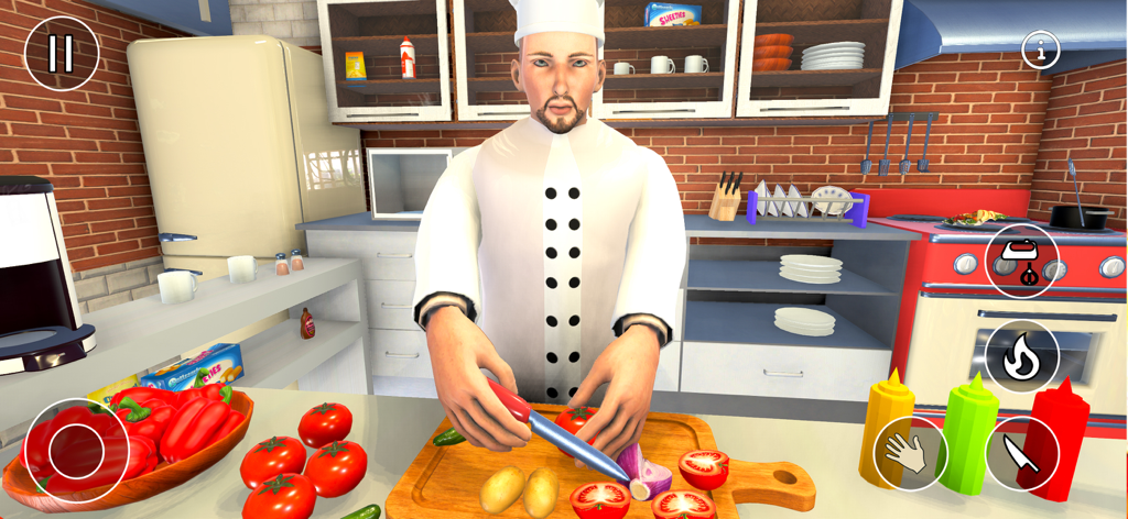 Un personaje chef en 3D picando tomates y patatas en un entorno de cocina realista