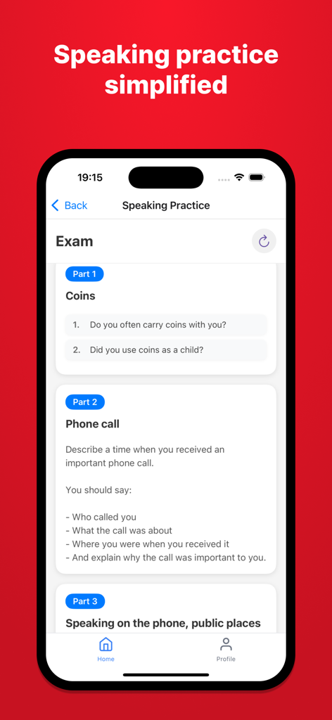 Prep IELTS: Prepare your exam - Interface of Prep IELTS app showing simulated speaking exam questions for practice.