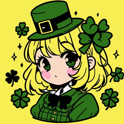 a manga-style girl with clovers around her, a little hat in her hair, like it's saint patrick's day