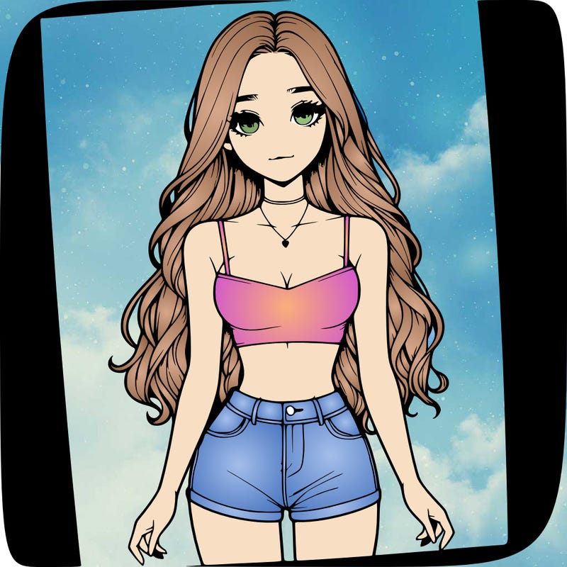 a realistic girl with long hair and in a crop top and shprts