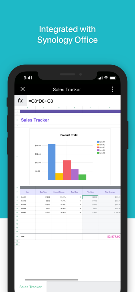 Synology Drive でバーチャートとデータテーブルを含む売上トラッカーのスプレッドシートのモバイル表示。
