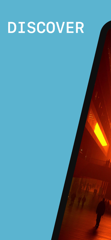 Tate Modern Visitor Guide - A promotional screen for the Tate Modern Visitor Guide app featuring the word Discover and an image of the museum Turbine Hall interior