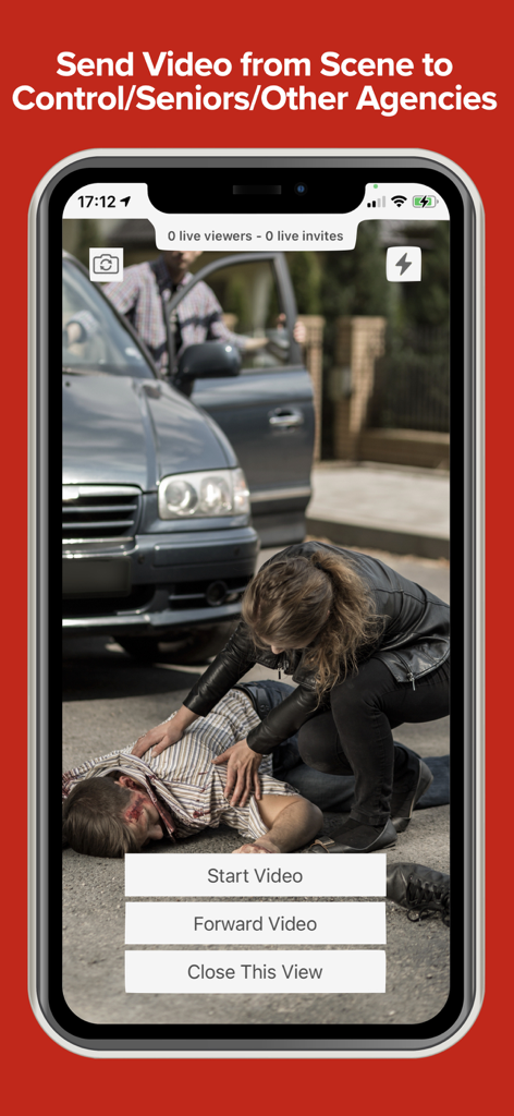 GoodSAM Responder app interface showing a live video stream from an accident scene being sent to emergency control