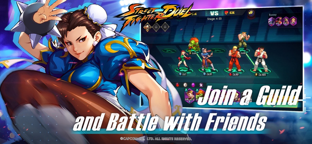 Street Fighter Duel - Idle RPG - Chun Li y un equipo de luchadores icónicos en una configuración de batalla de gremio para Street Fighter Duel