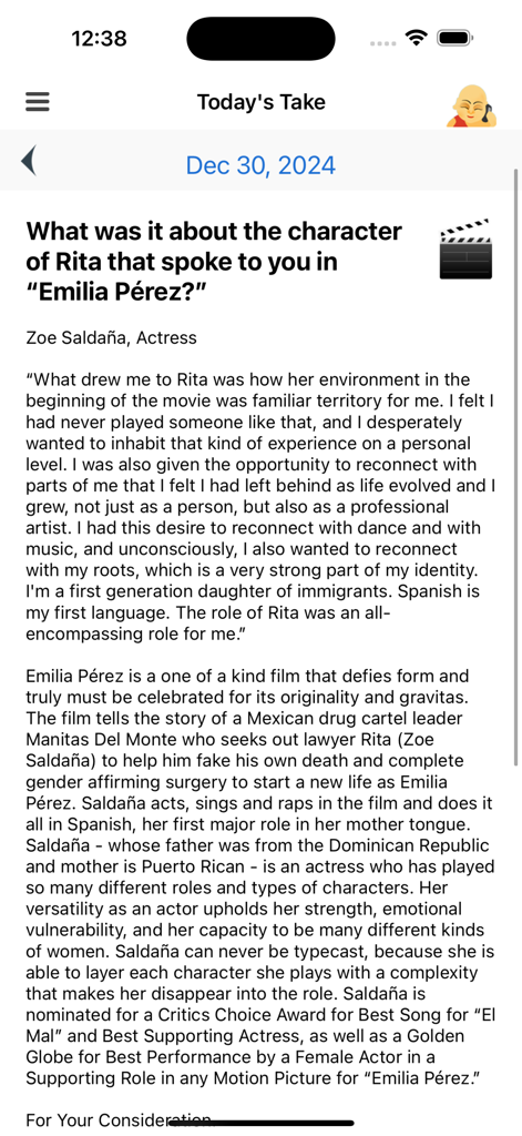 Actor Genie App - アクター・ジーニーアプリの「今日のテイク」セクション。女優ゾーイ・サルダナが映画「エミリア・ペレス」での役について語っています。