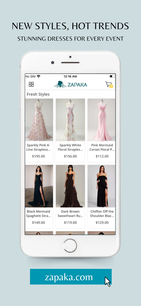 ZAPAKA- Prom & Occasion Dress - Zapakaモバイルアプリのインターフェイス。価格が表示された様々なプロムおよびフォーマルドレスが表示されている
