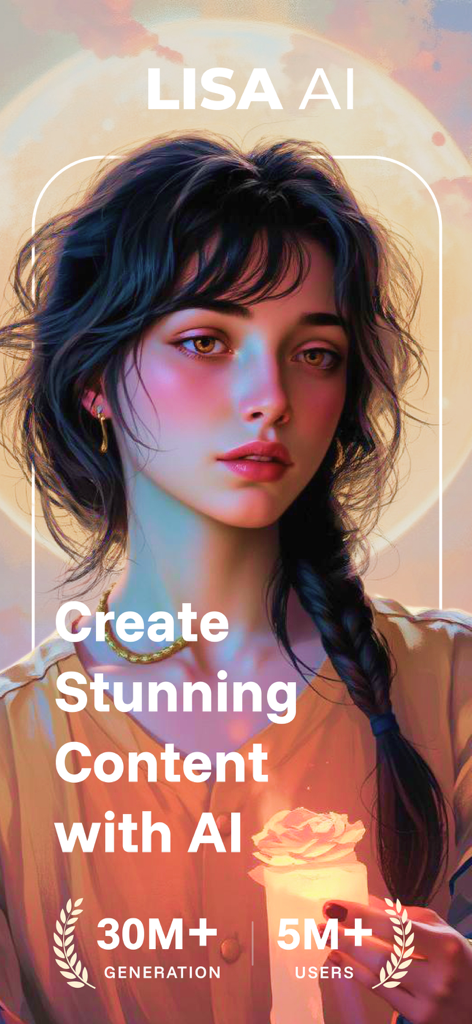 Lisa AI app screen featuring a stunning AI generated portrait and user statistics