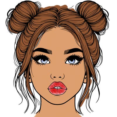 realistic girl with two buns on her hair and lips