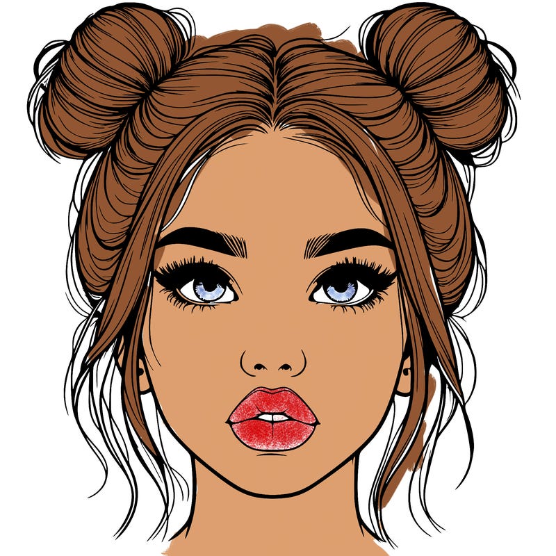 realistic girl with two buns on her hair and lips