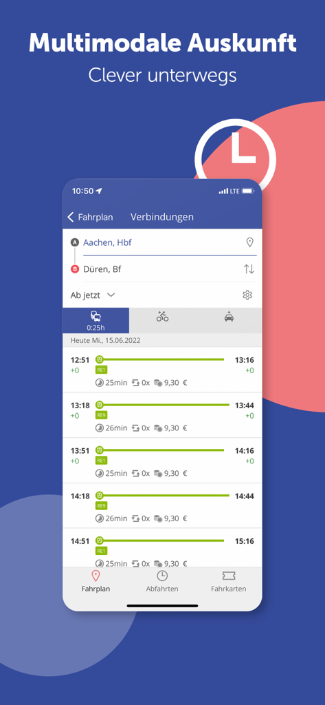 AVV connect - AVV connect app screenshot displaying train route options between Aachen and Dueren with schedules and prices
