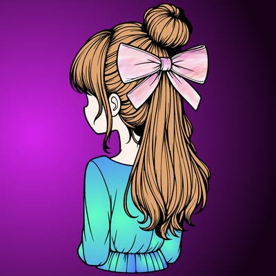 realistic girl  with hip length hair a bun and a big bow on the back of head