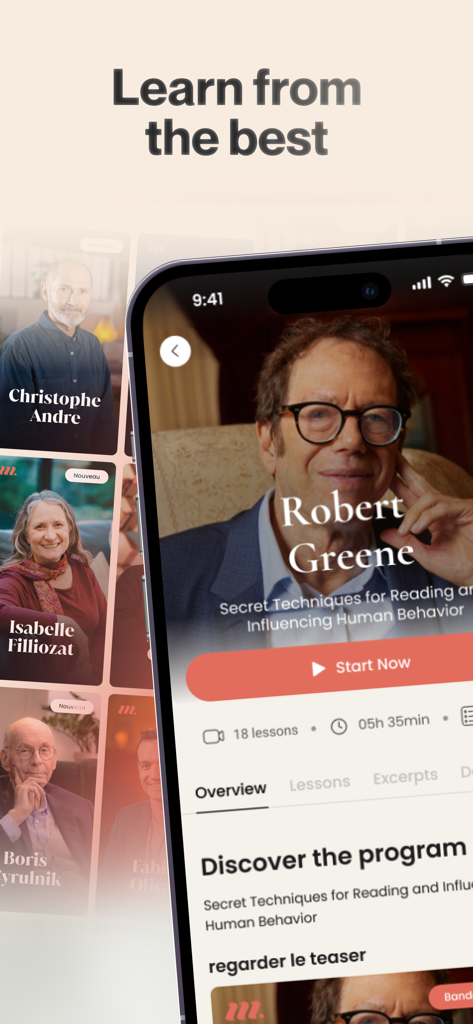 A smartphone showing the MentorShow app interface with various courses from expert mentors like Robert Greene
