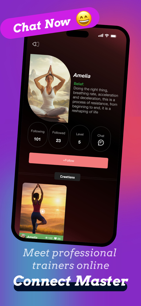 Yokoo app profile page of a professional yoga trainer featuring chat and follow options