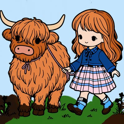 girl walking highland cow