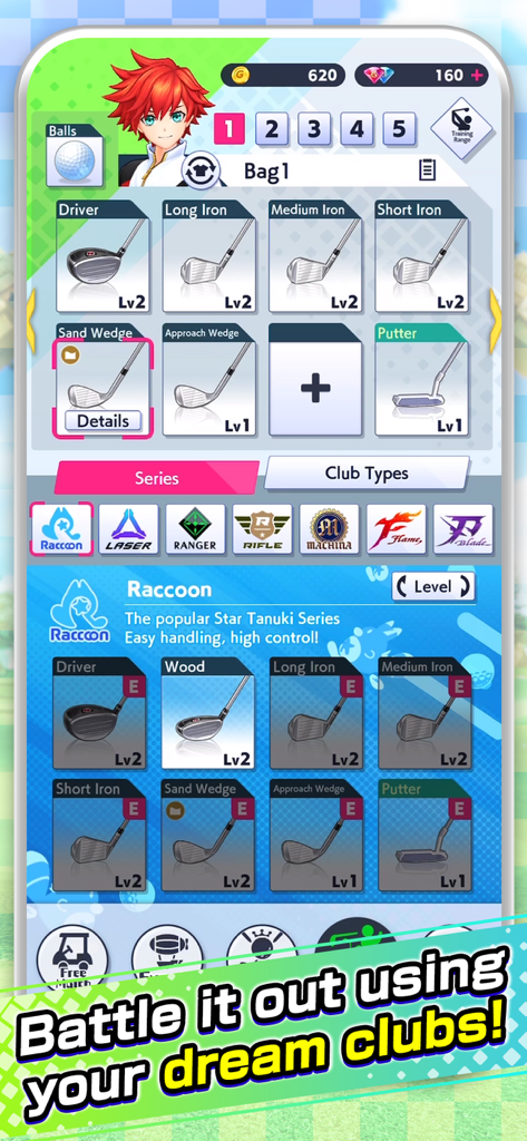 NEKO GOLF -Anime GOLF- - Inventory screen in NEKO GOLF showing a character with a set of golf clubs and available club series to choose from.