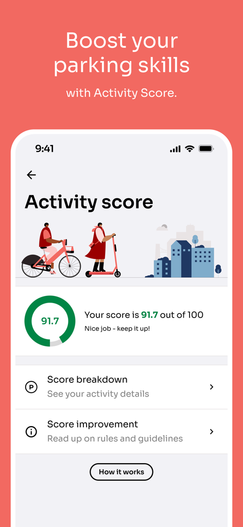 Activity score screen in the Voi app showing a parking skill rating for e-scooter and e-bike users
