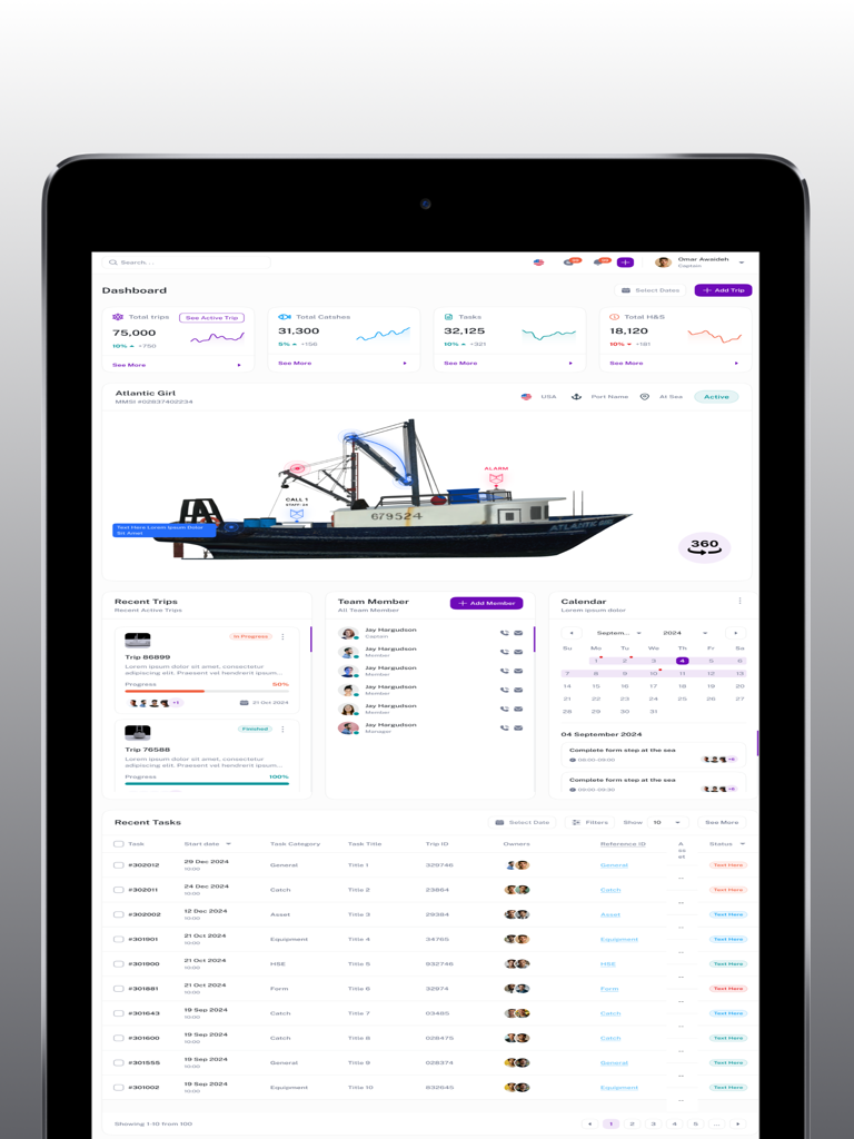 Vessel OPS - Vessel OPS app dashboard on iPad displaying fleet performance metrics and a 3D vessel model for maritime management