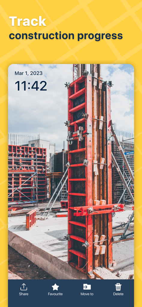 Timestamped photo of a construction site used to track work progress.