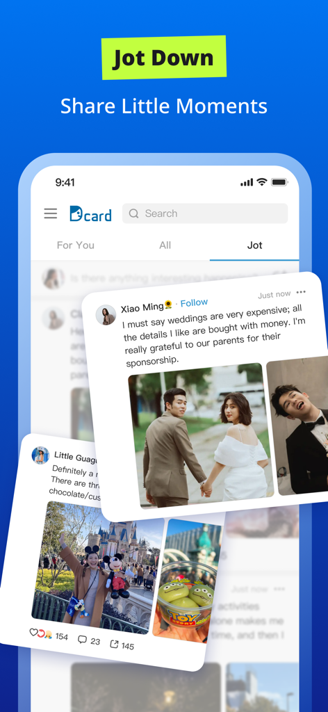 Dcard–Share What You’re Into - Interfaz de la aplicación Dcard que muestra la función Jot donde los usuarios comparten fotos e historias de la vida diaria de forma anónima.