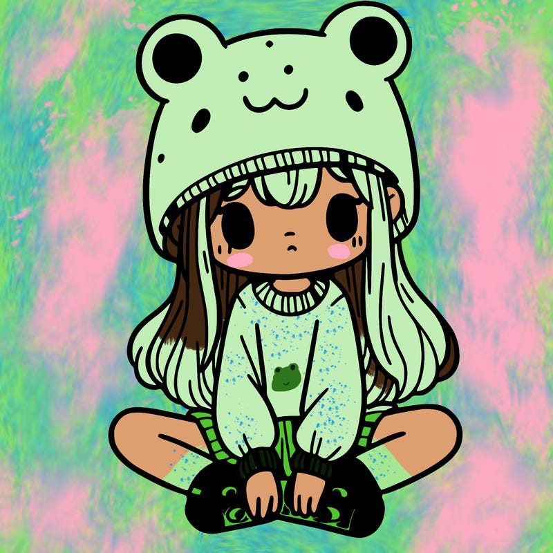 a girl wearing a frog hat and some frog socks