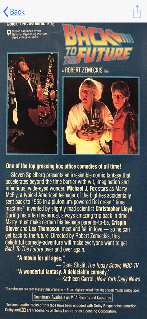 Movie Collector - Pantalla de detalles de la película Regreso al Futuro con sinopsis de la película e información del reparto.