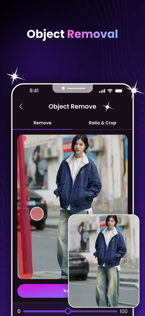 ポートレート写真からAIオブジェクト除去を表示するAgeLapseアプリ画面