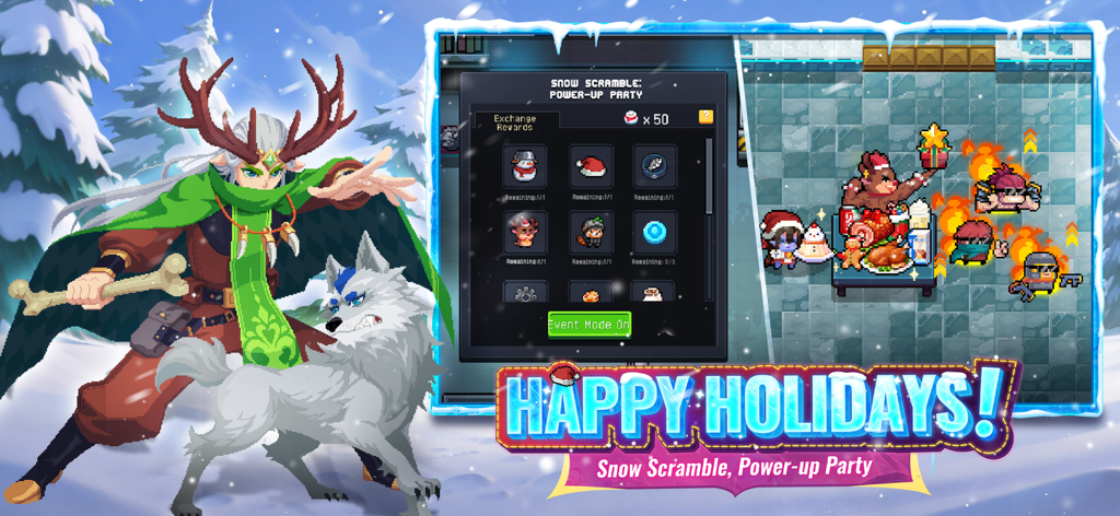 Soul Knight holiday event screen showing snow scramble power up party and exchange rewards