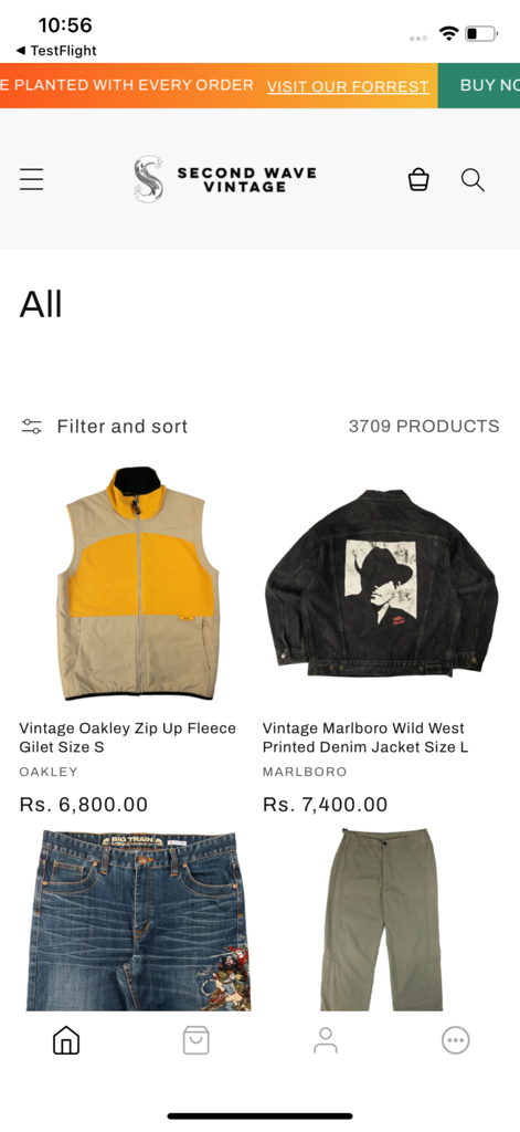 Second Wave Vintage - Second Wave Vintage app product feed displaying curated vintage jackets and streetwear