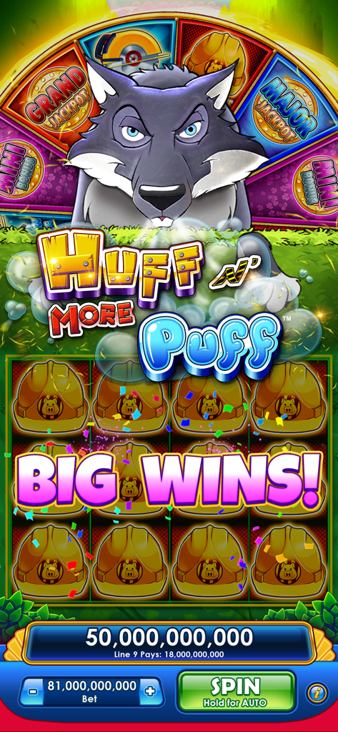A big win announcement on the Huff n More Puff slot machine in the Monopoly Slots app featuring a cartoon wolf and golden helmets.