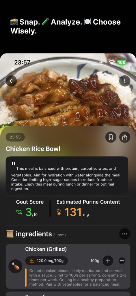 Gout Radar app interface showing an AI food scan of a chicken rice bowl with gout score and purine content details.