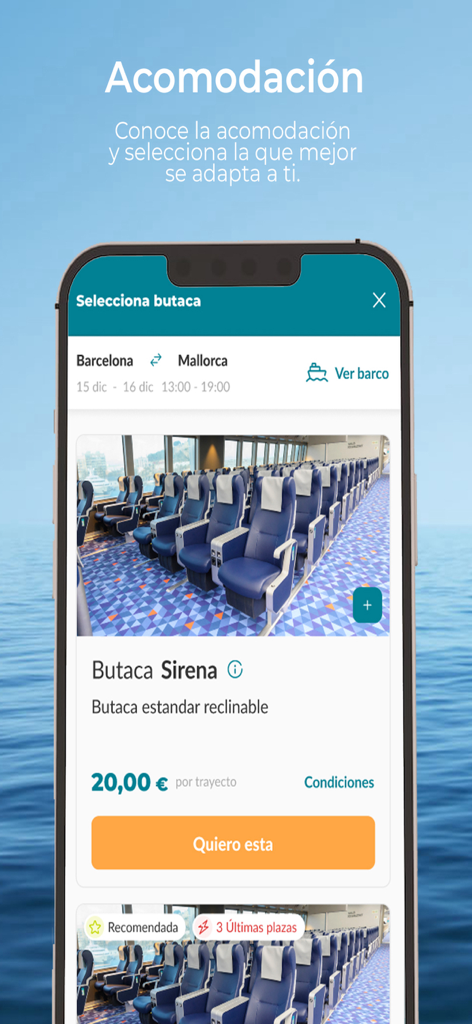BALEÀRIA: Travel by ferry - Interfaccia dell'app mobile per la selezione dei posti su un traghetto Baleària da Barcellona a Maiorca.