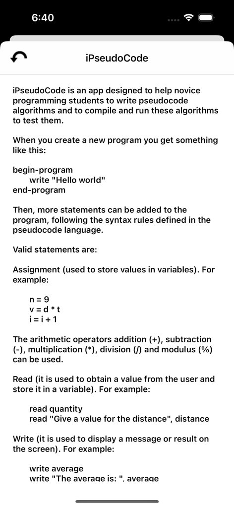 A screenshot of the iPseudoCode app explaining how to write and run basic programming algorithms