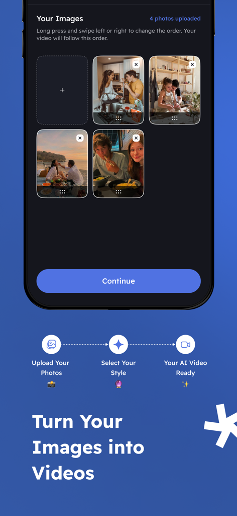 Interface of the Snaptoon app showing how to upload photos and the three-step process to turn images into AI videos