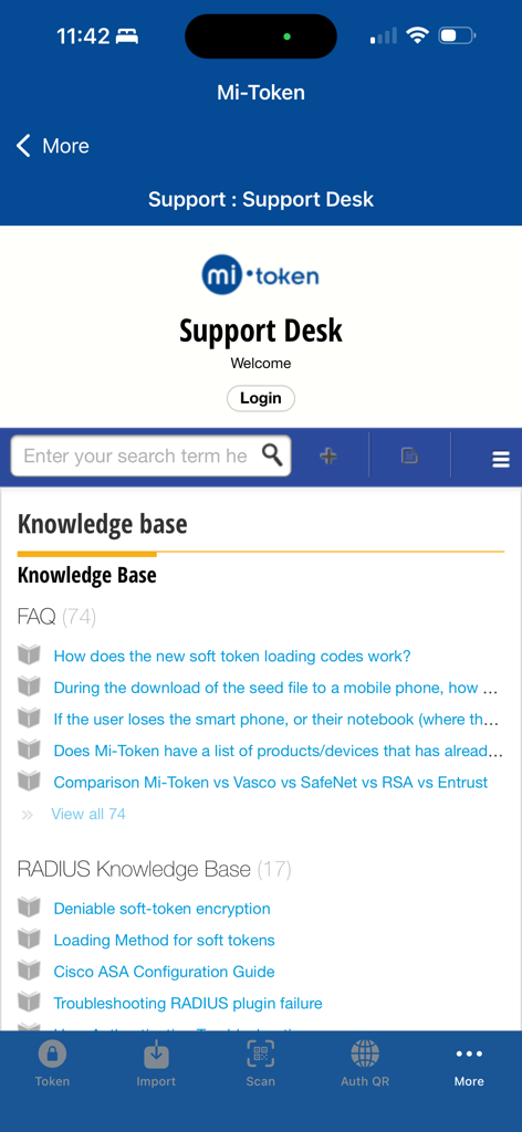 Mi-Token Authenticator support desk screen showing the knowledge base and FAQ sections.