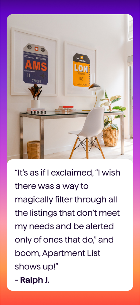 Depoimento de Ralph J sobre a filtragem de aluguéis do aplicativo Apartment List e recursos de correspondência inteligente