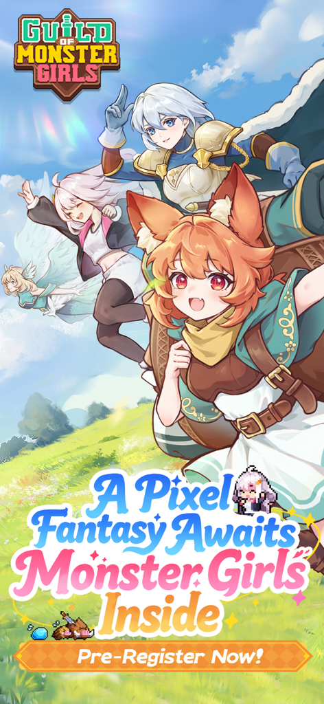 Guild of Monster Girls - Bannière promotionnelle pour Guild of Monster Girls montrant des personnages de filles monstres style anime dans un paysage fantastique lumineux avec un appel à la pré-inscription.