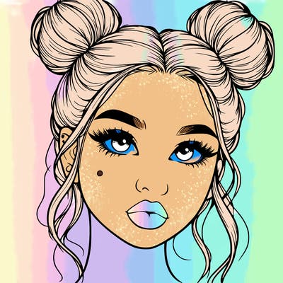 realistic girl with two buns on her hair and lips