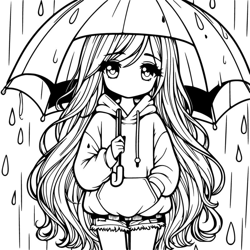 a girl with long hair, a swearshirt, and jeans standing in the rain no umbrella