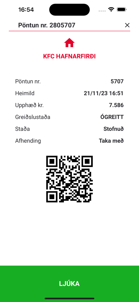 KFC Iceland - Un recibo digital con un código QR para recoger en la aplicación móvil de KFC Islandia