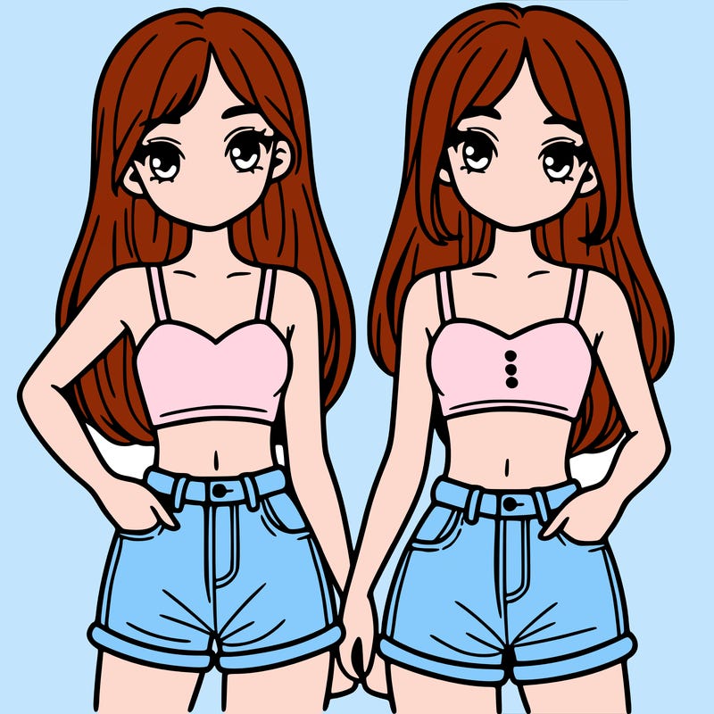 two sisters with crop tops and jean shorts and straight hair