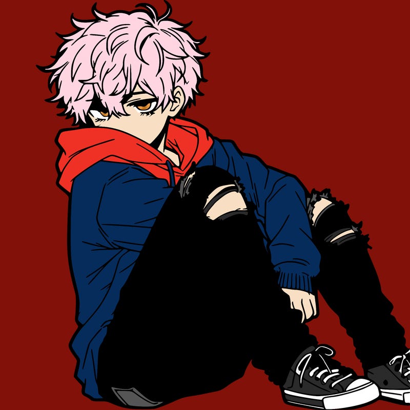 a male hoddie ripped jeans messy hair anime