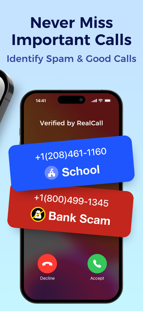 iPhone displaying RealCall app identifying a school call and a bank scam call