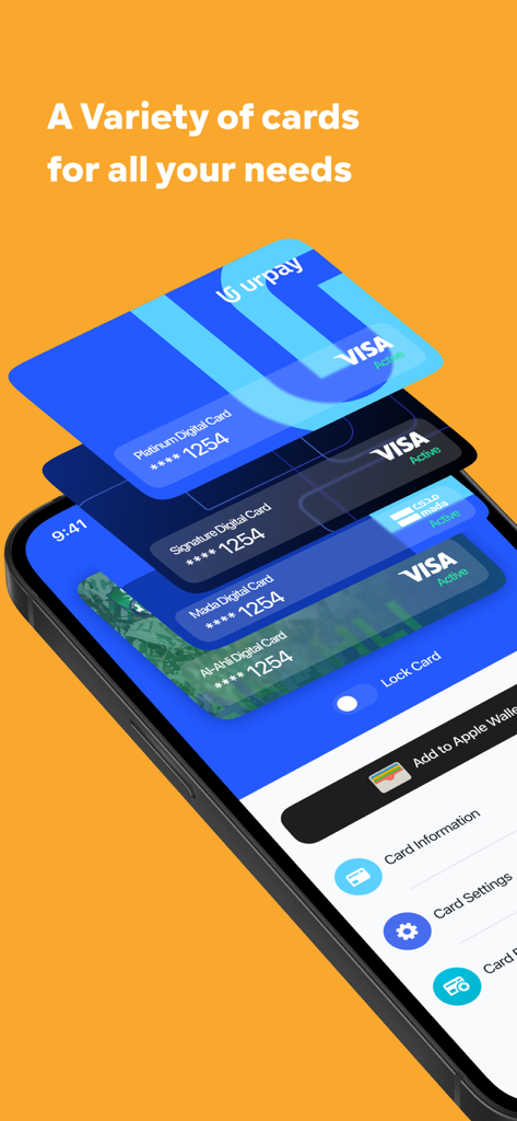 urpay - urpay 금융 앱에서 사용할 수 있는 여러 디지털 Visa 및 Mada 카드를 표시하는 스마트폰 화면.