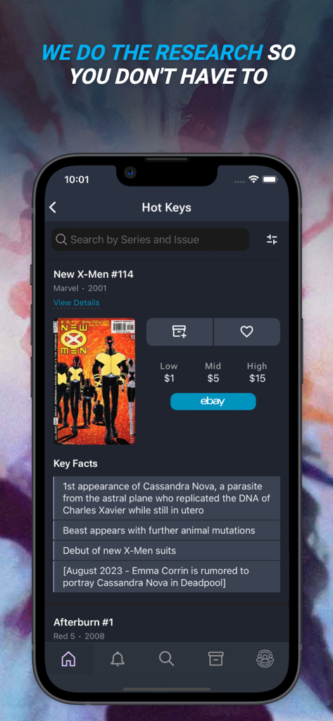 Interfaz de aplicación móvil que muestra datos clave y valores de mercado de cómics