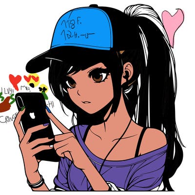 realistic girl with a long ponytail and trucker hat holding an iphone