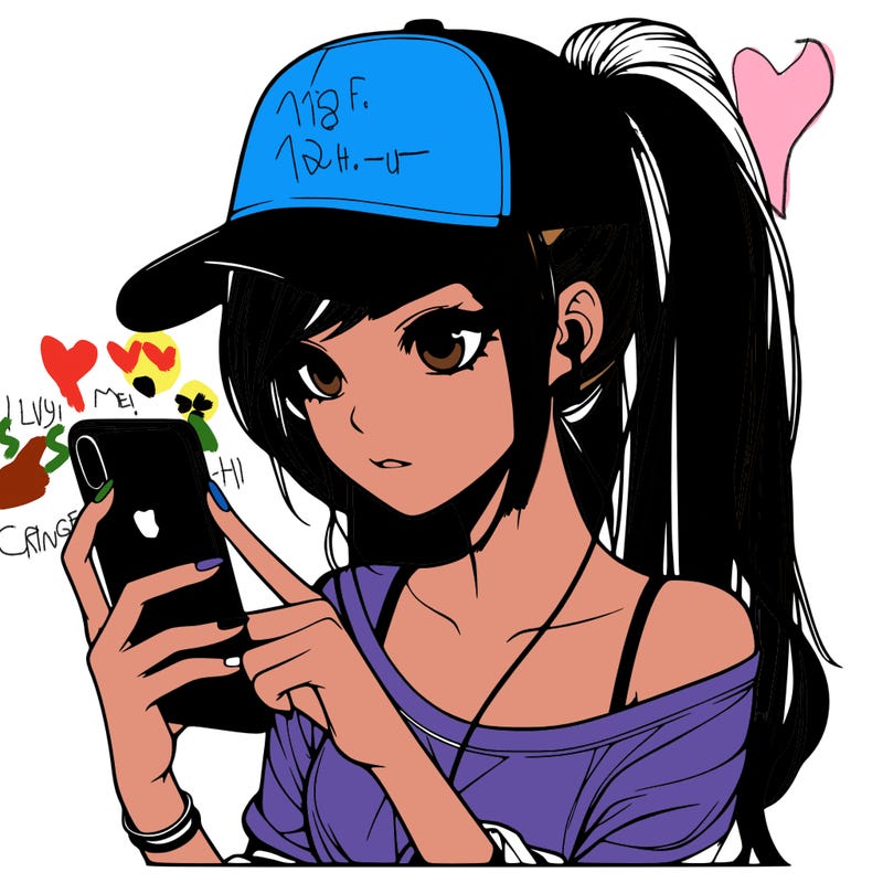 realistic girl with a long ponytail and trucker hat holding an iphone