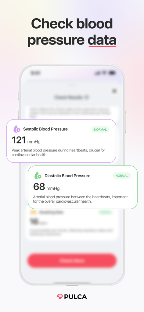 Heart Rate, HRV Tracker: Pulca - Smartphone screen displaying systolic and diastolic blood pressure data in the Pulca app interface