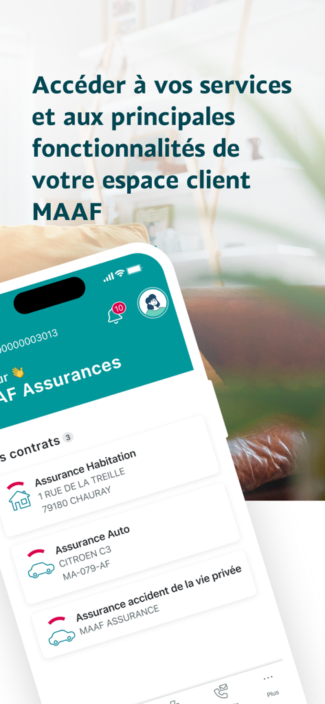 Interface of the MAAF et Moi app showing auto and home insurance policy details