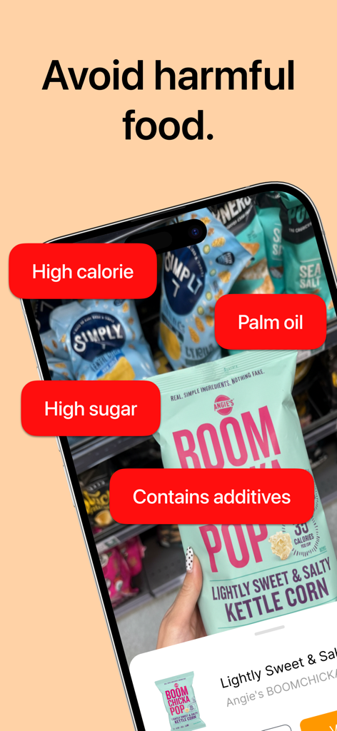 Smartphone scanning food product with Bite app showing alerts for harmful ingredients
